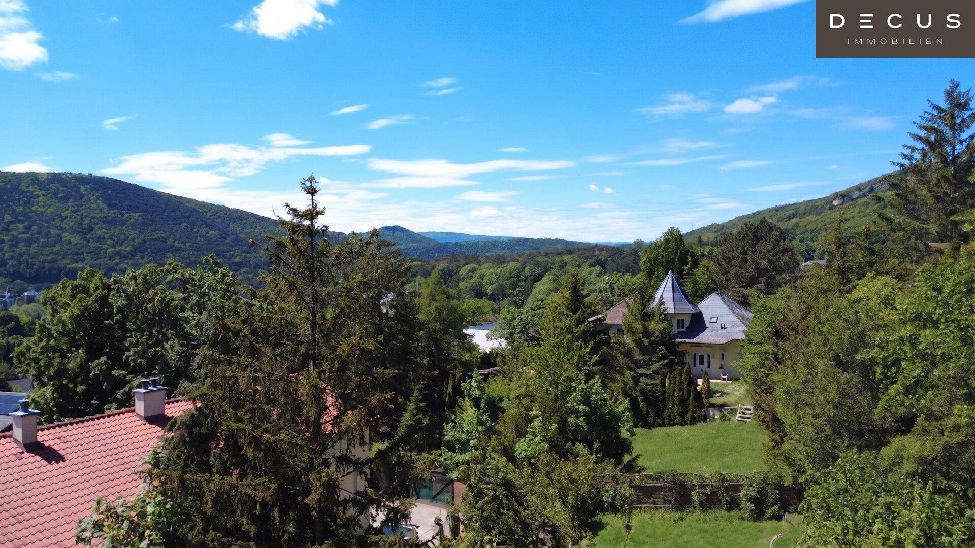 Panoramablick auf die umliegende grüne Landschaft mit bewaldeten Hügeln und vereinzelten Häusern.