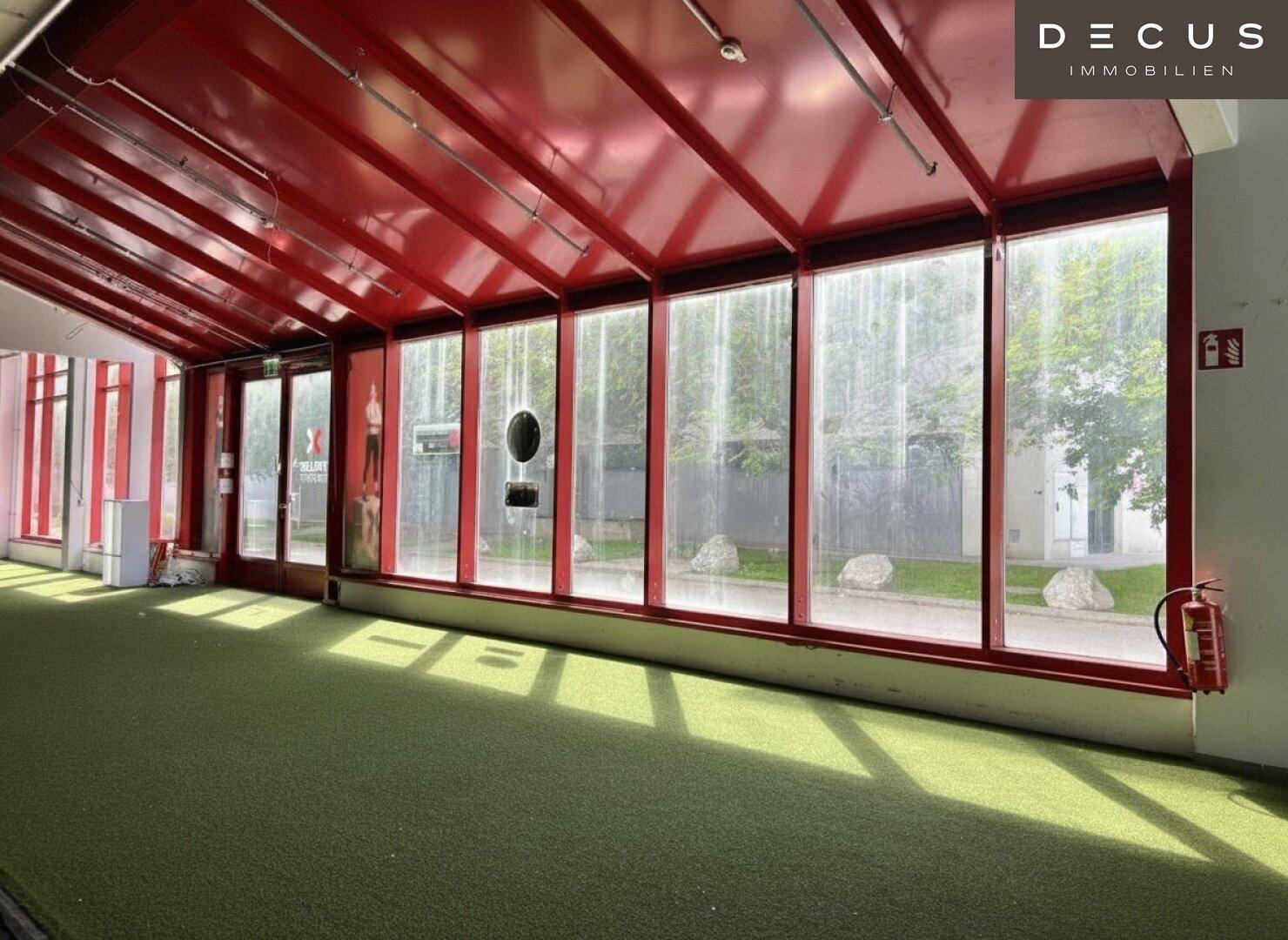 Innenansicht eines Gewerberaums mit roter Decke, großen Fenstern und grünem Kunstrasenboden.