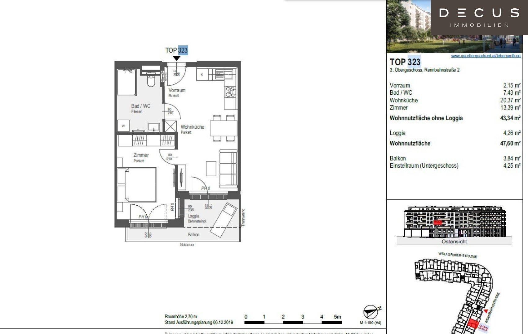 Grundriss der Wohnung TOP 323 mit Loggia, Balkon und effizienter Raumaufteilung.