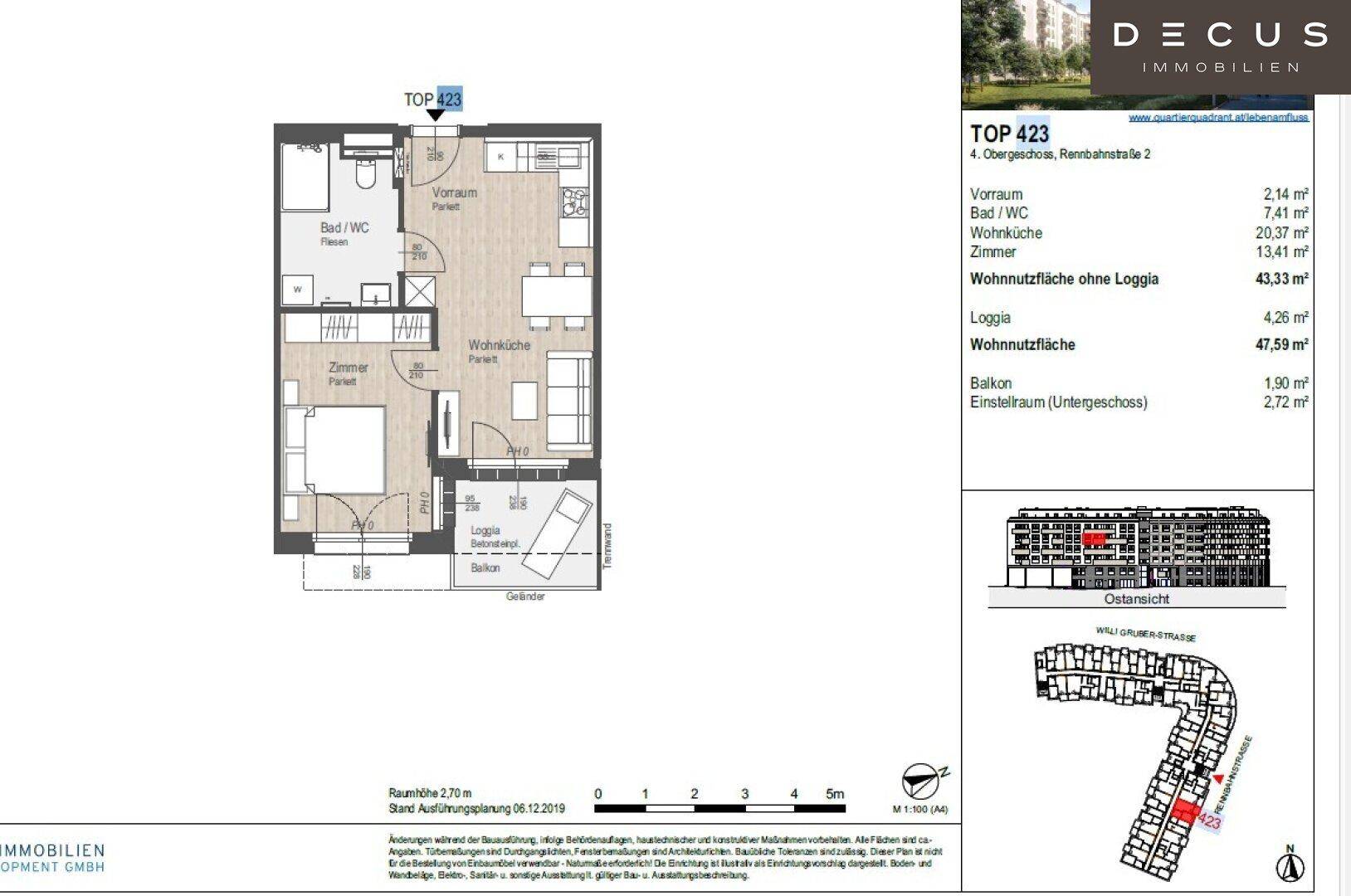 Grundriss der Wohnung Top 423 mit Loggia und Balkon, zeigt die Raumaufteilung.