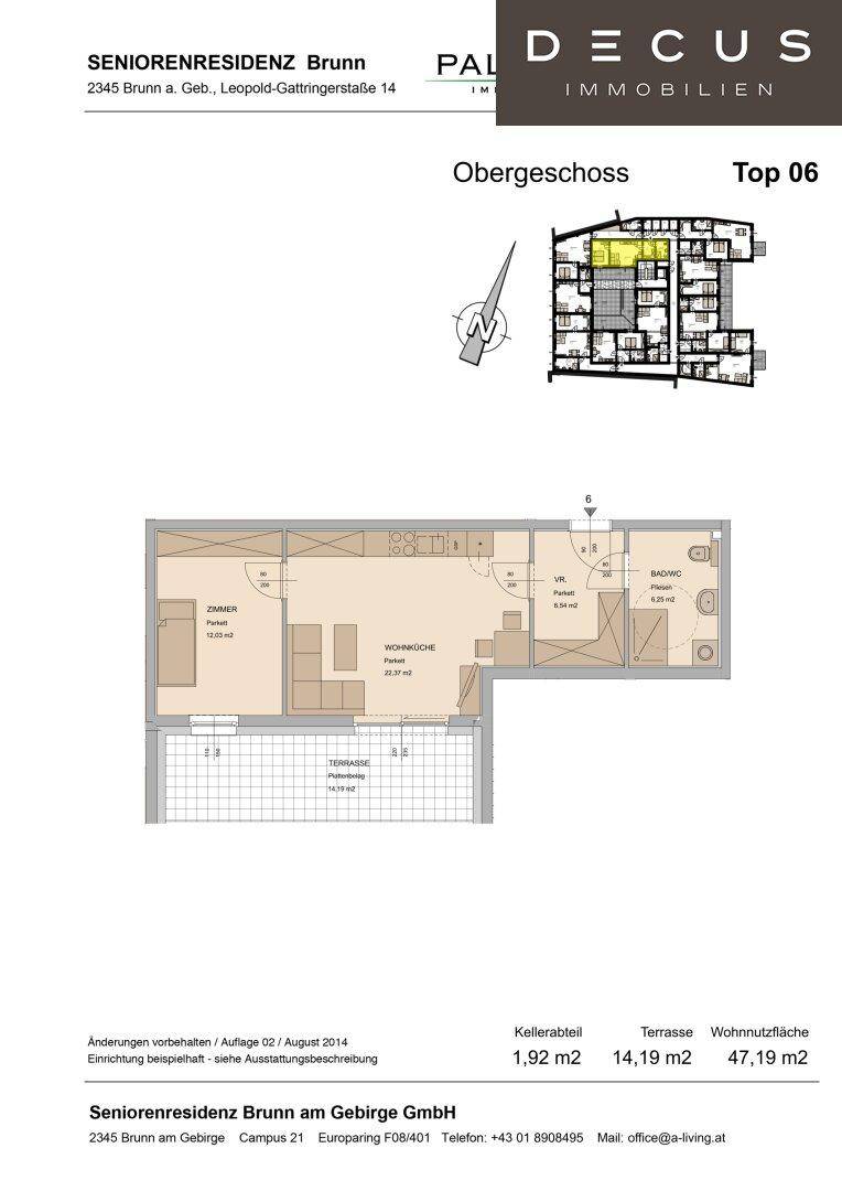 Grundriss einer Seniorenresidenz-Wohnung mit Wohnküche, Zimmer und großer Terrasse.