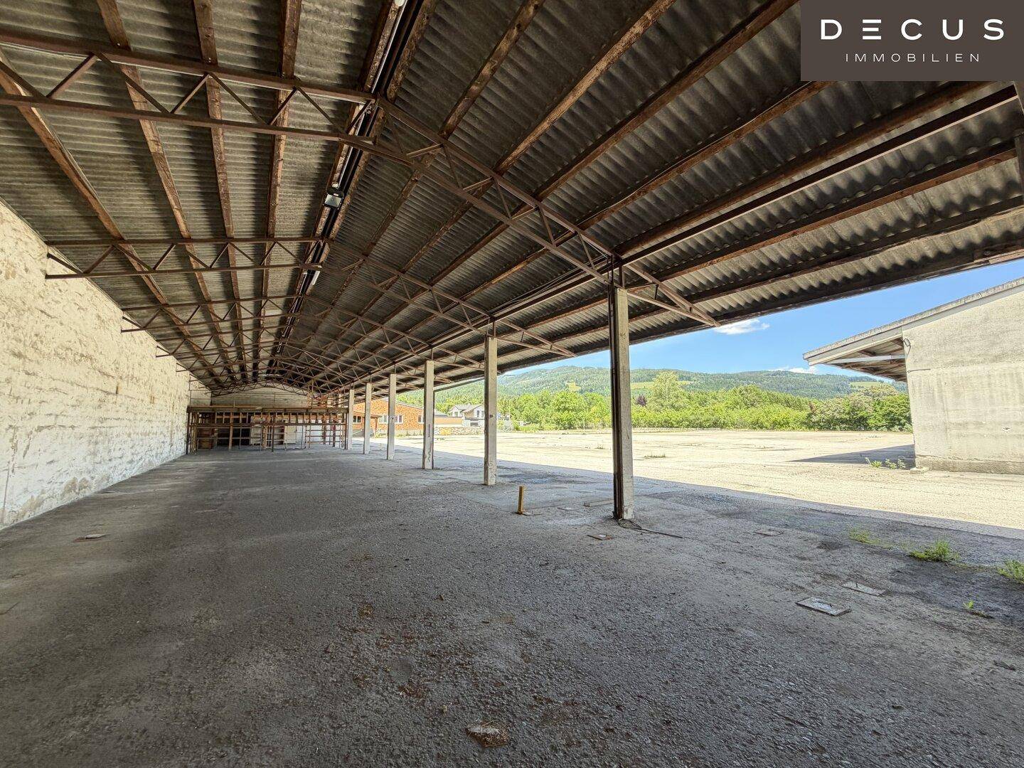 Große, offene Lagerhalle mit Betonboden, Metallkonstruktion und Blick auf die Außenanlage.