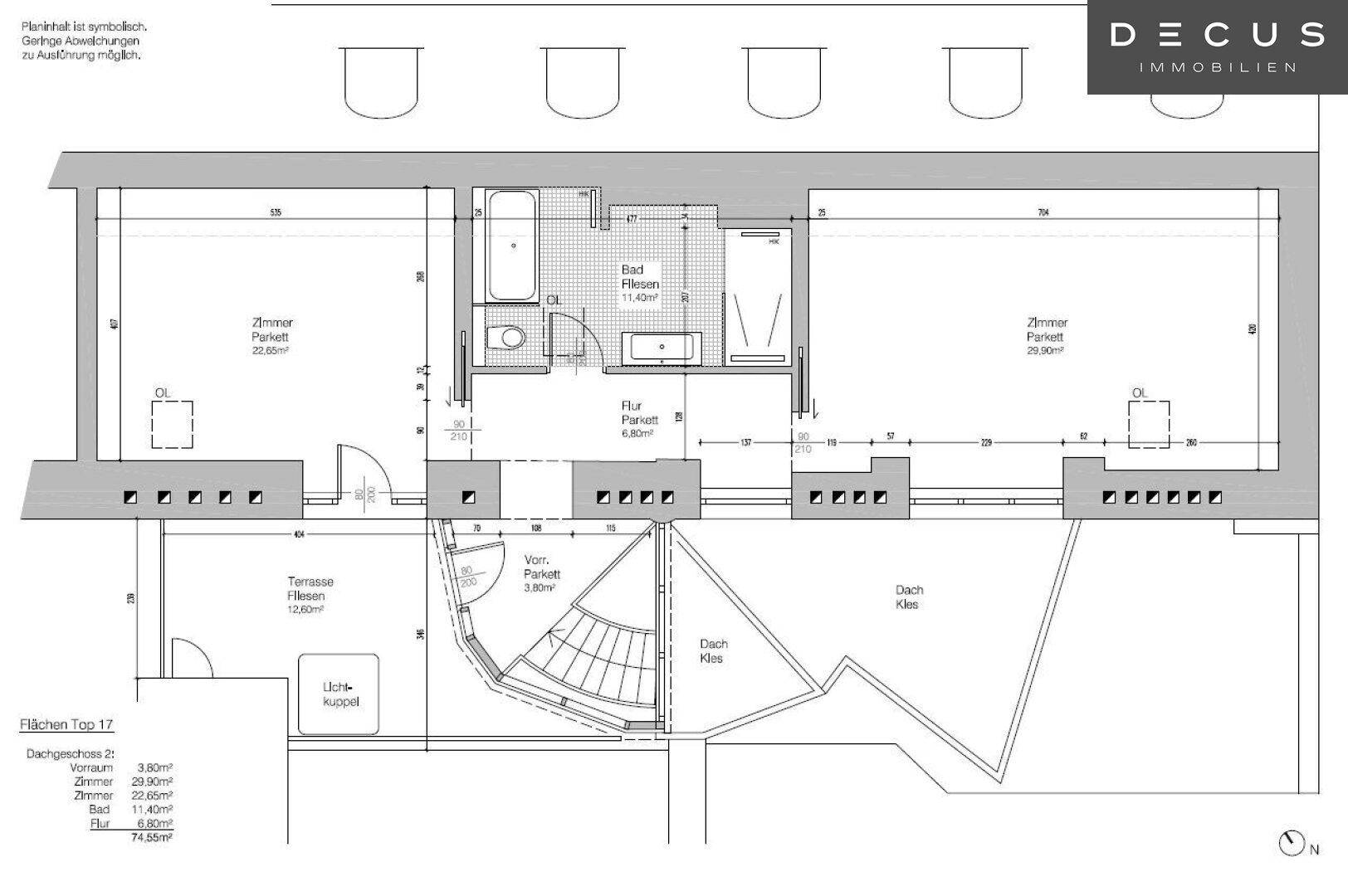 Grundriss der unteren Etage mit zwei Zimmern, Bad und Zugang zu einer weiteren Terrasse.