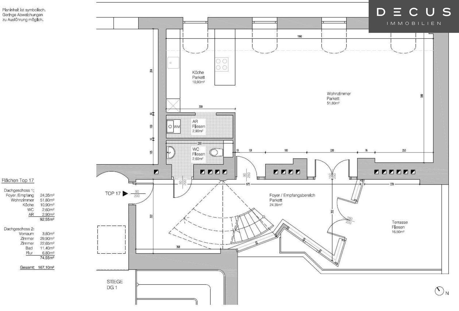 Grundriss der oberen Etage mit offenem Wohnbereich, Küche und Zugang zur Terrasse.