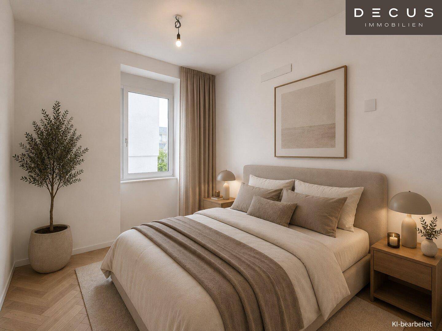 Gemütliches Schlafzimmer mit Doppelbett, Nachttischen und Parkettboden.