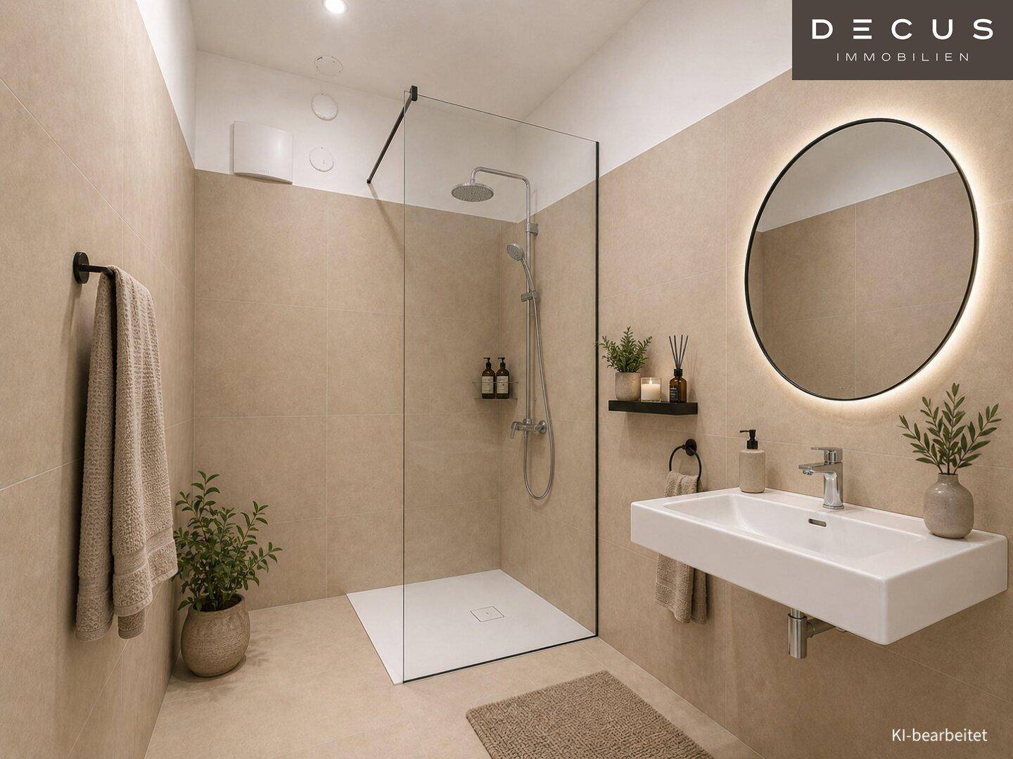 Modernes Badezimmer mit begehbarer Dusche, Waschbecken und beleuchtetem Spiegel.
