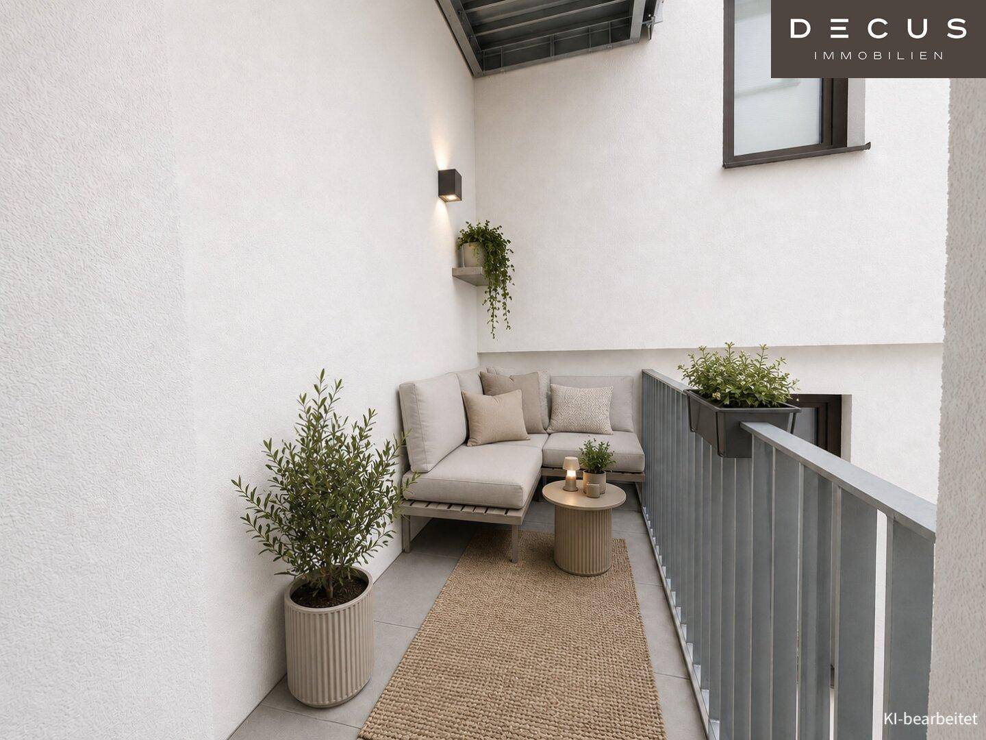 Gemütlicher Balkon mit Sitzgelegenheiten, Pflanzen und modernem Geländer.
