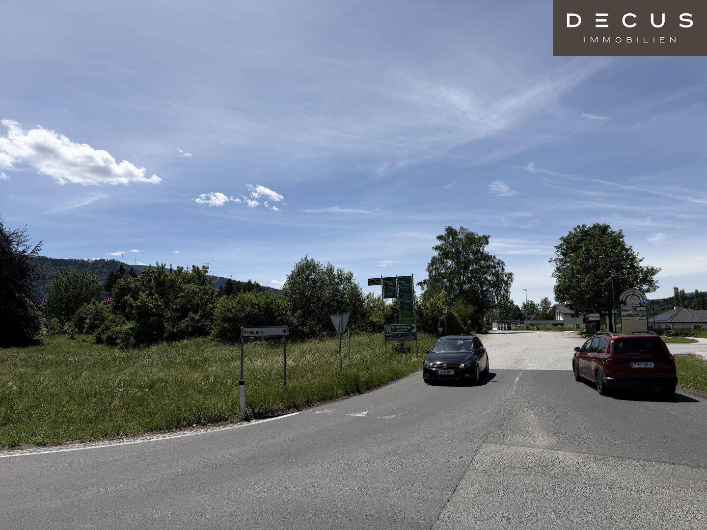 Landstraße mit fahrenden Autos, umgeben von grünen Bäumen und Sträuchern unter blauem Himmel.