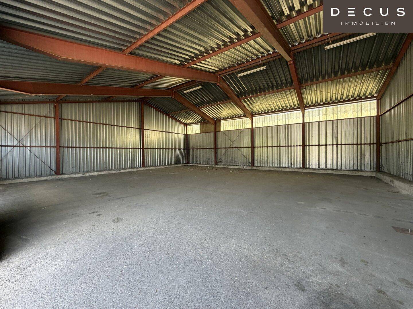 Leere Lagerhalle mit Wellblechwänden, Betonsockel und sichtbarer Dachkonstruktion.