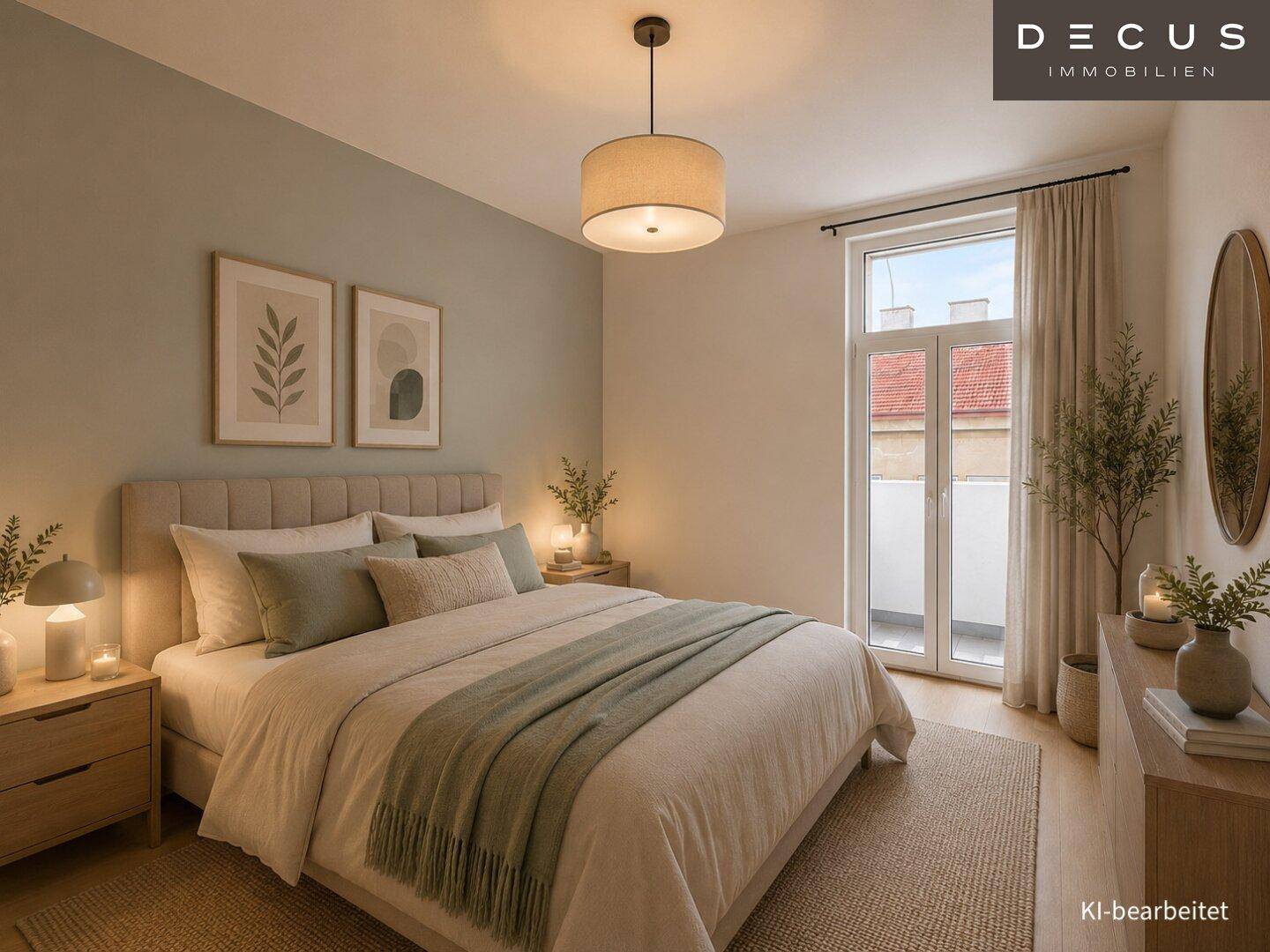 Gemütliches Schlafzimmer mit Doppelbett, Nachttischen, Holzboden und Balkonzugang.