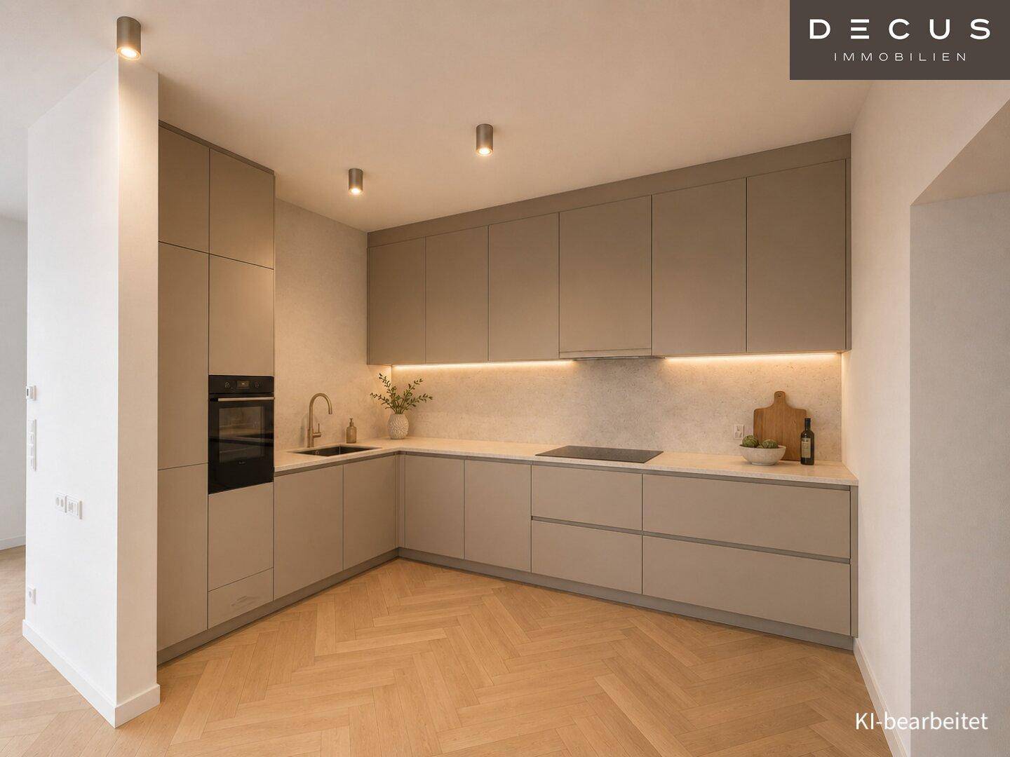 Moderne Einbauküche in L-Form mit beigen Schränken, Induktionskochfeld und Backofen.