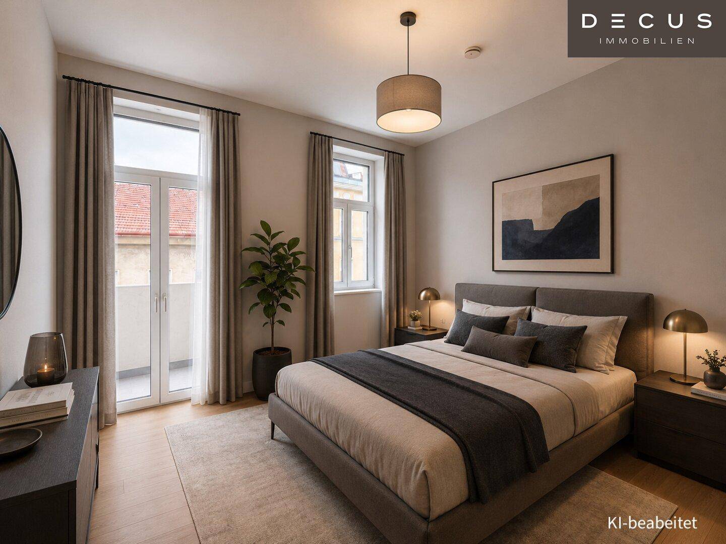 Modernes Schlafzimmer mit Doppelbett, Nachttischen und Zugang zu einem kleinen Balkon.