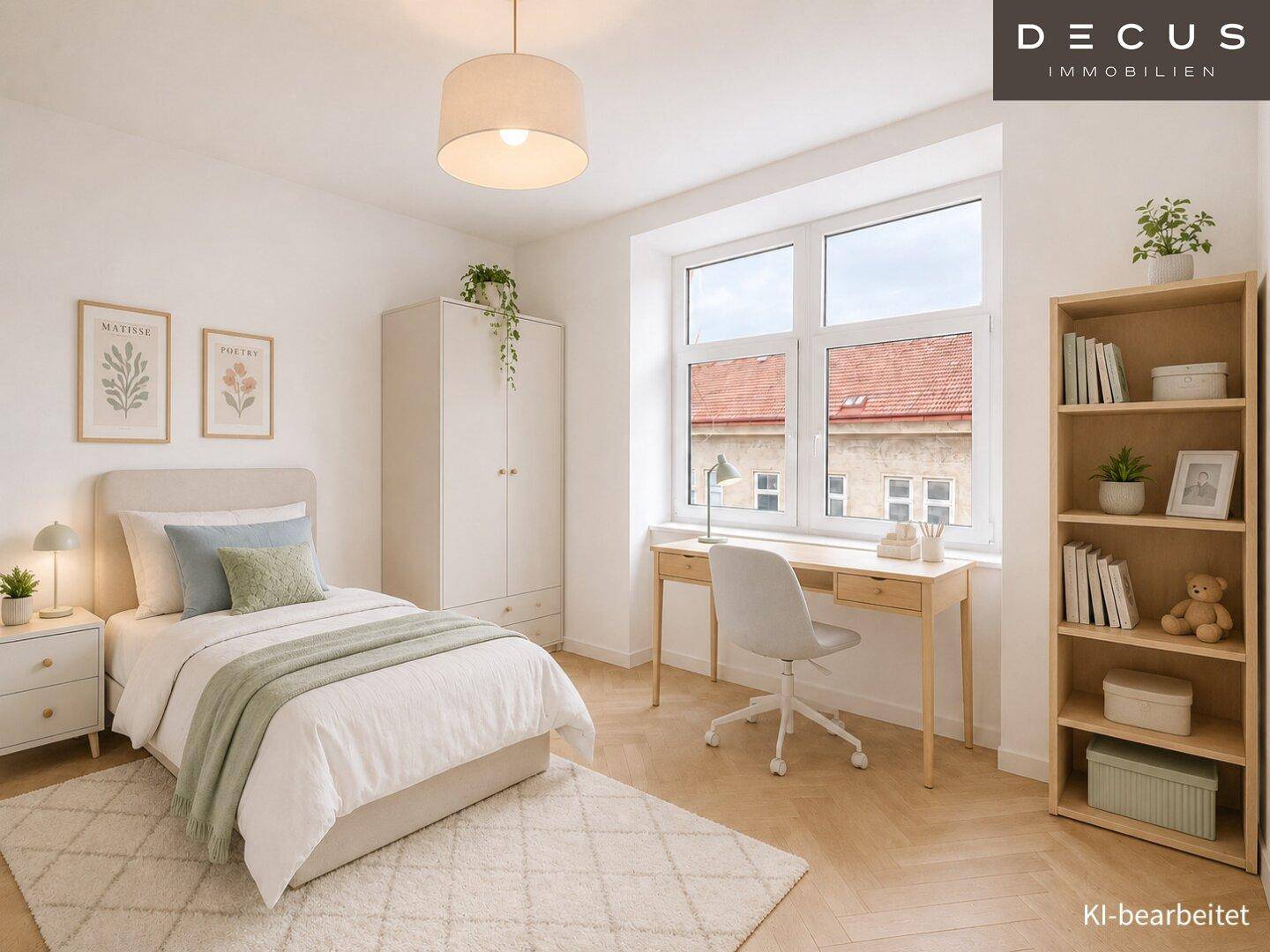 Helles Kinder- oder Gästezimmer mit Schreibtisch, Regal und Parkettboden, freundlich eingerichtet.