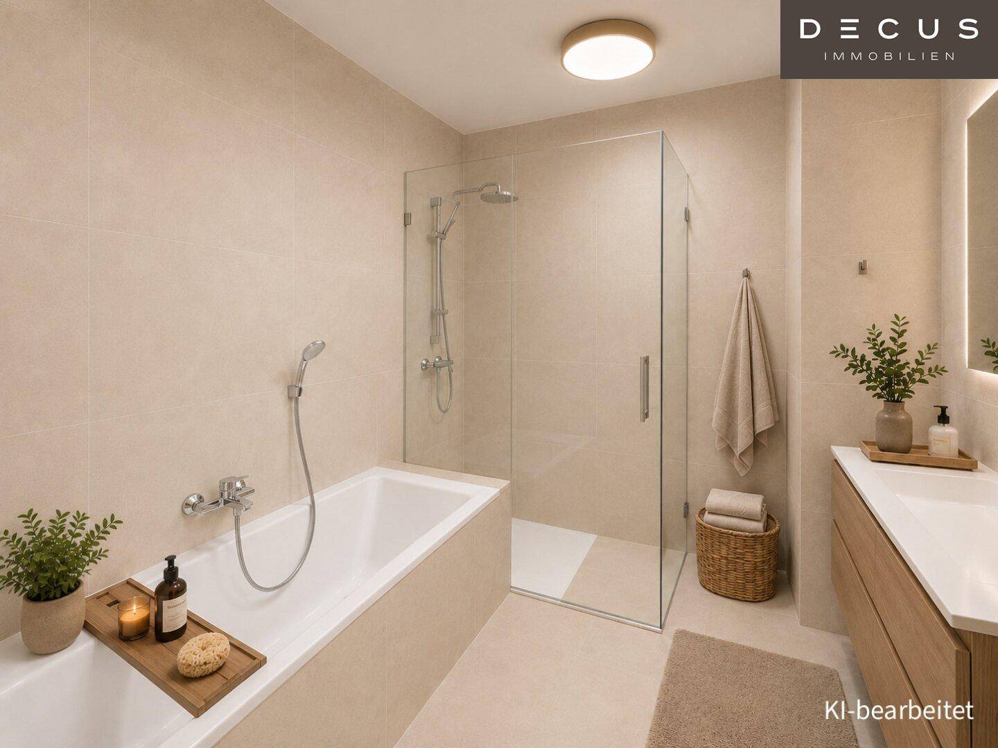 Modernes Badezimmer mit Badewanne, begehbarer Dusche, Doppelwaschbecken und beigen Fliesen.