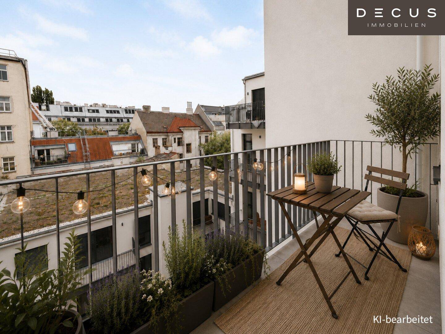 Gemütlicher Balkon mit Sitzgelegenheiten, Pflanzen und Lichterkette, Blick auf die Stadt.