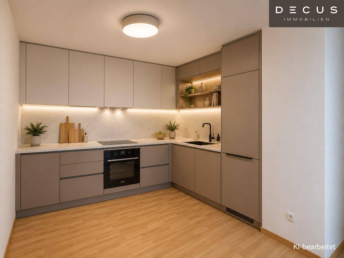 Moderne Einbauküche in Beige mit integrierten Geräten, Unterbauleuchten und hellem Holzboden.