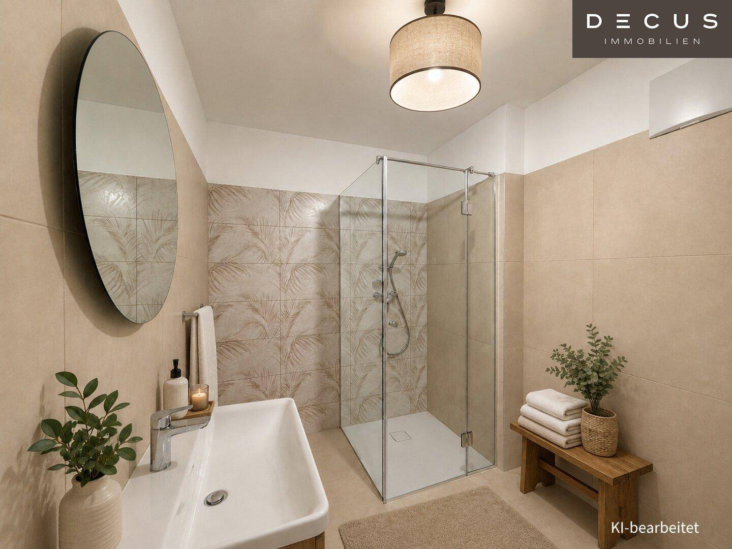 Modernes Badezimmer mit begehbarer Dusche, Einzelwaschbecken und beigen Fliesen mit Musterakzenten.