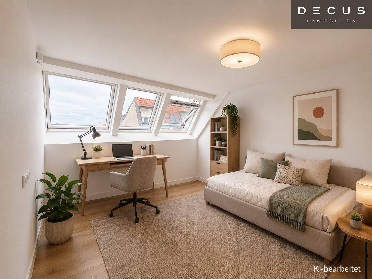 Gemütliches Arbeitszimmer mit Dachschrägenfenstern, Schreibtisch und Tagesbett.