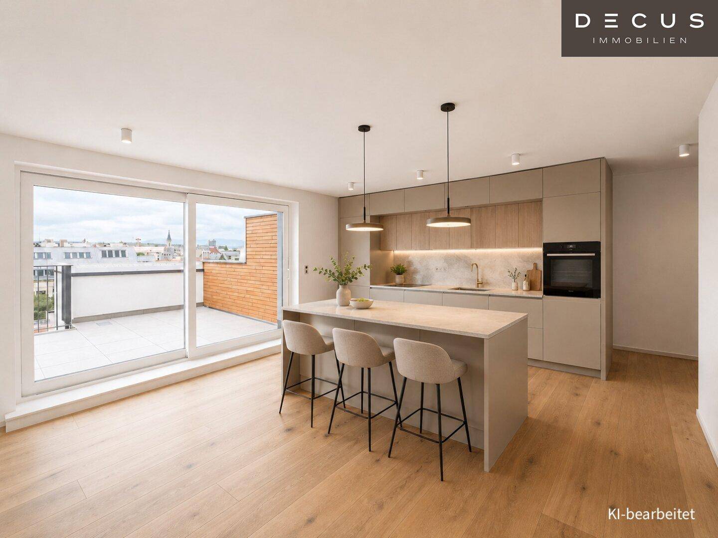 Moderne Einbauküche mit Kücheninsel, integrierten Geräten und Terrassenzugang.