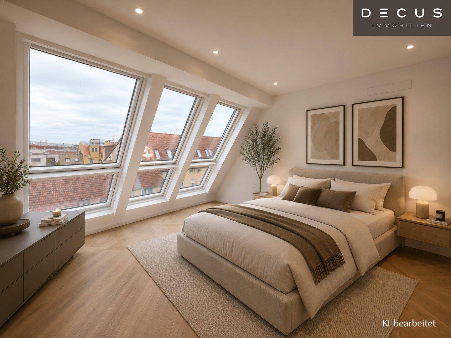 Helles Schlafzimmer mit Dachschrägenfenstern, Holzboden und modernem Interieur.