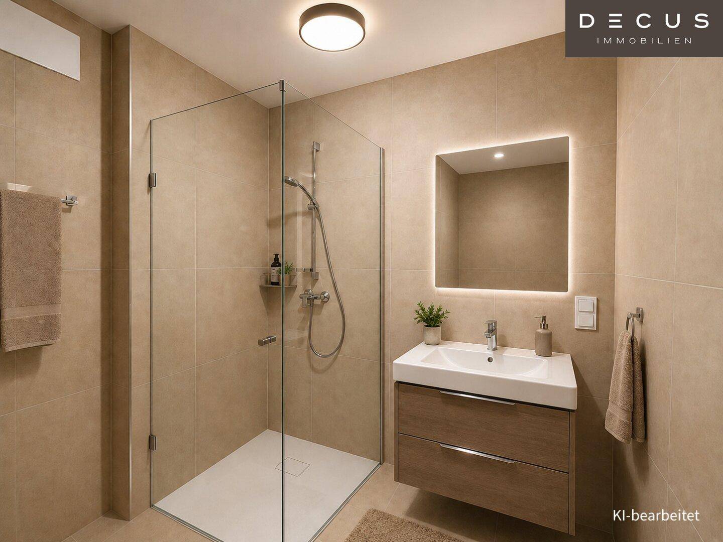 Modernes Badezimmer mit begehbarer Dusche, Waschtisch und beleuchtetem Spiegel.
