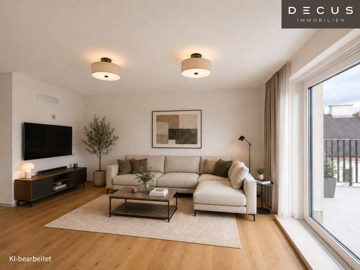 Modern eingerichtetes Wohnzimmer mit hellem Parkettboden und Zugang zur Terrasse.