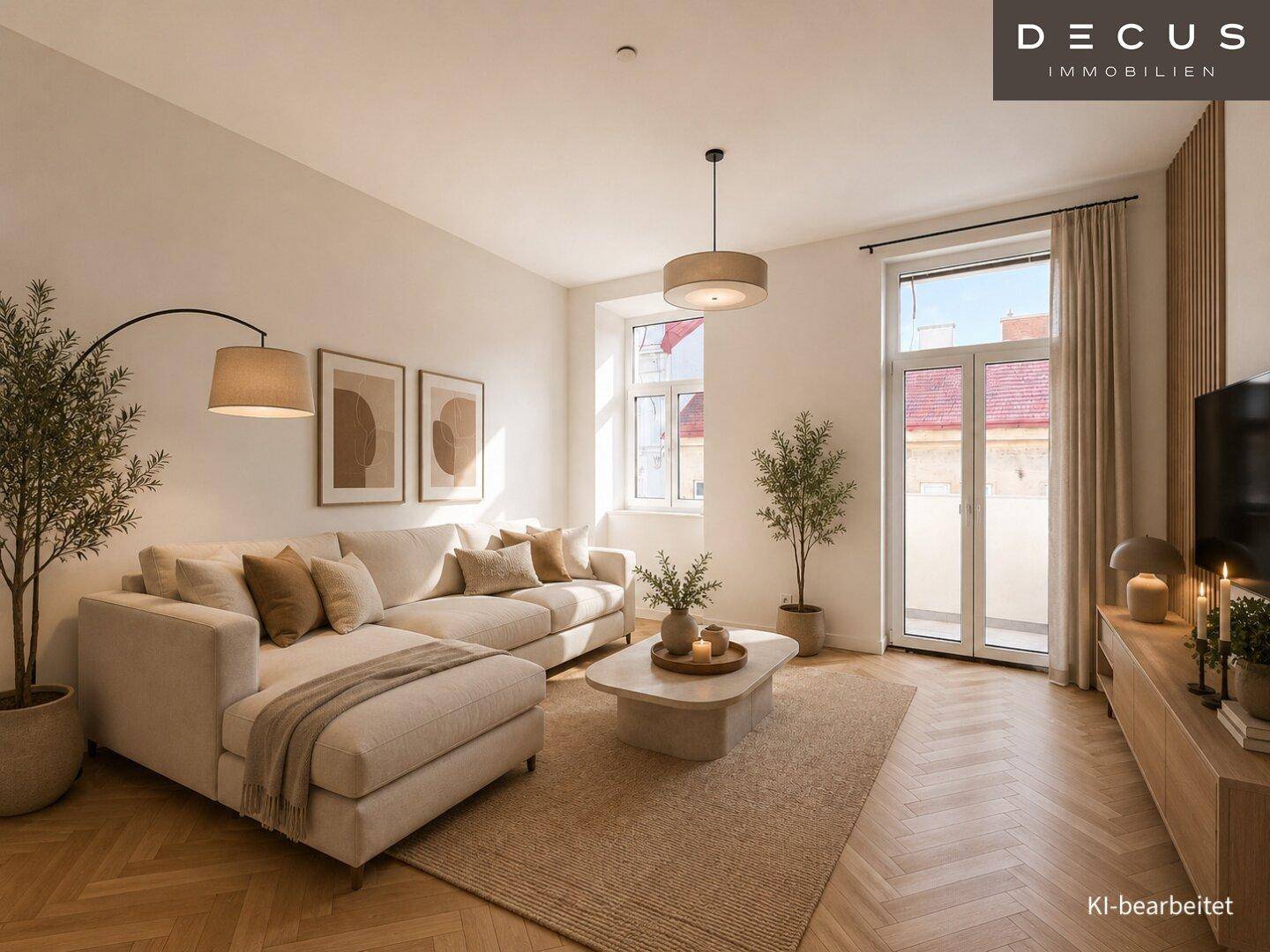 Helles Wohnzimmer mit modernem Sofa, Fischgrätparkett und Zugang zu einem Balkon.