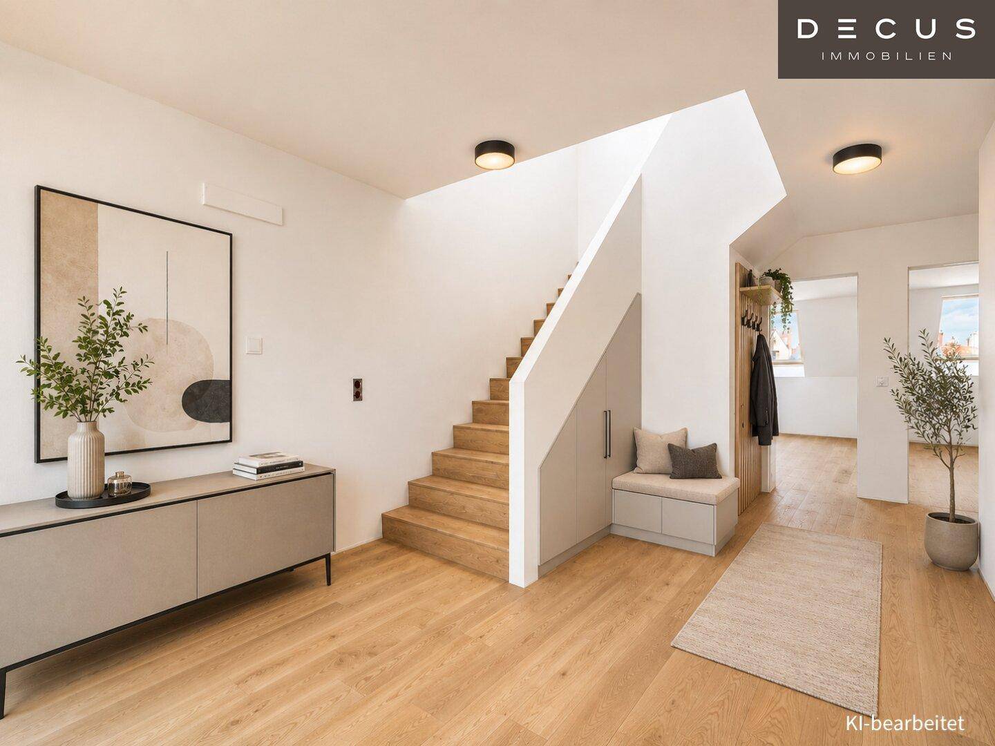Heller Eingangsbereich mit Holztreppe, modernen Möbeln und Garderobe.