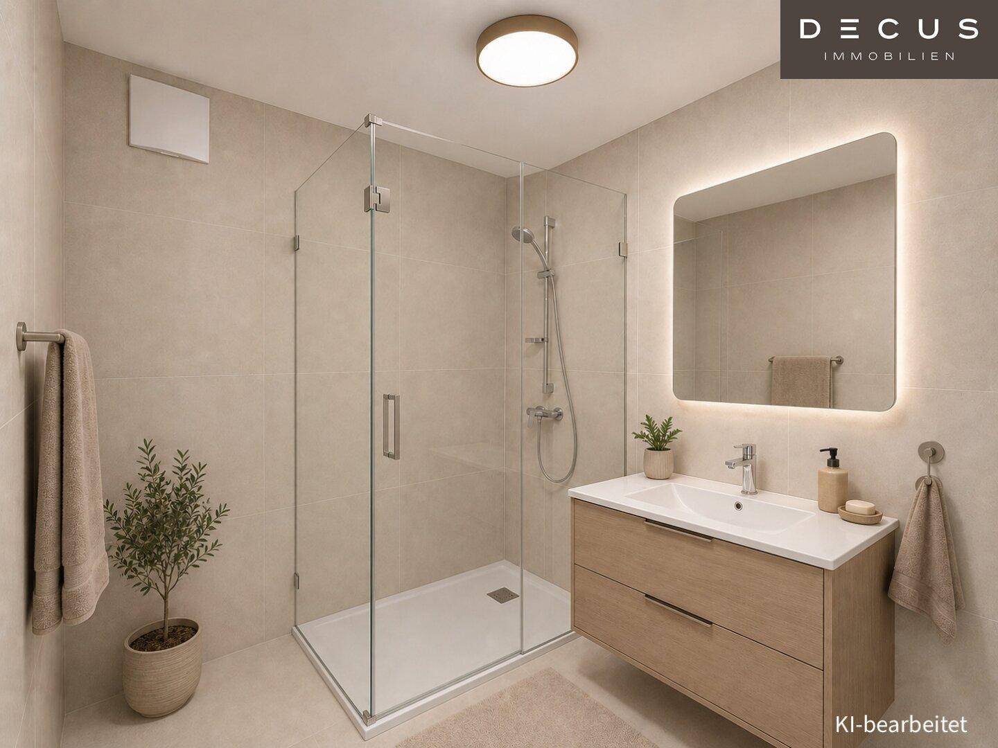 Modernes Badezimmer mit begehbarer Dusche, beleuchtetem Spiegel und hellen Fliesen.