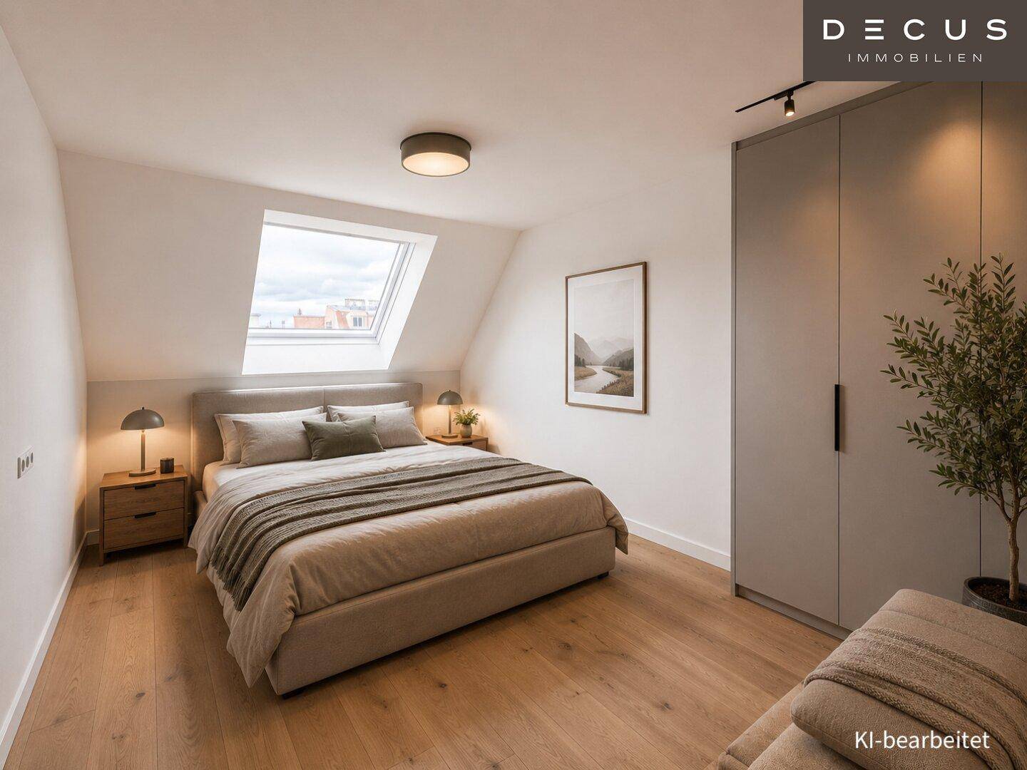 Helles Schlafzimmer mit Dachschräge, Holzboden und einem großen Dachfenster für viel Licht.