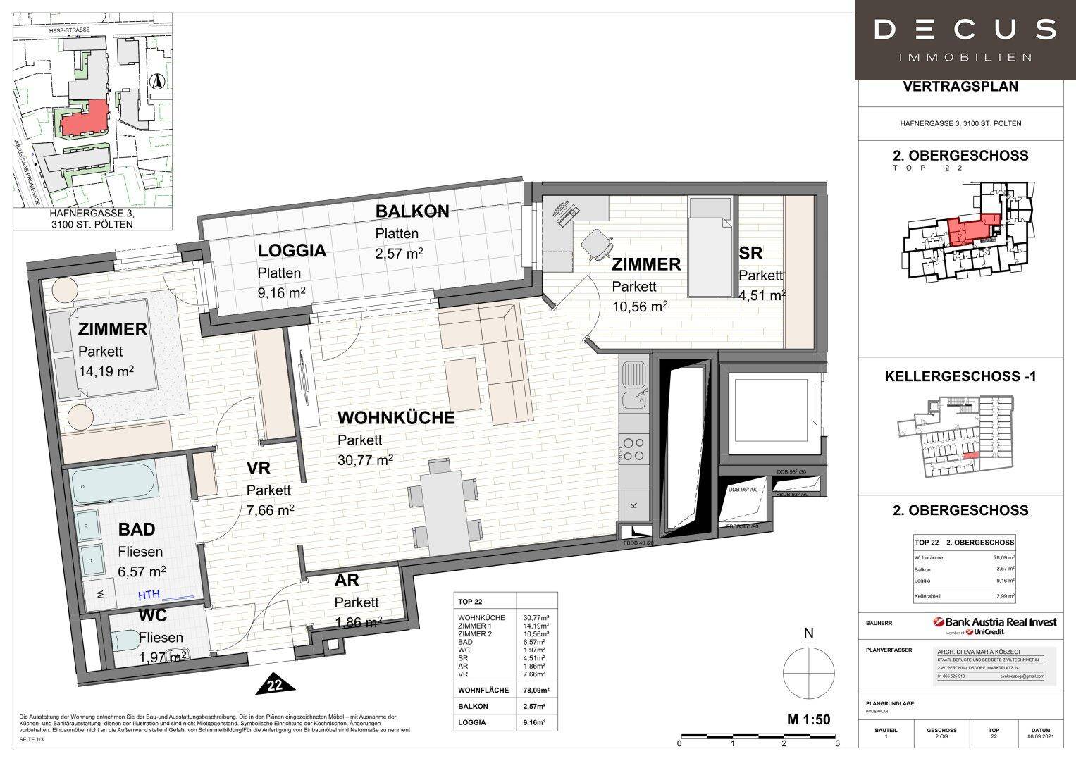 Detaillierter Grundriss einer Wohnung im 2. Obergeschoss mit Wohnküche, zwei Zimmern und Loggia.