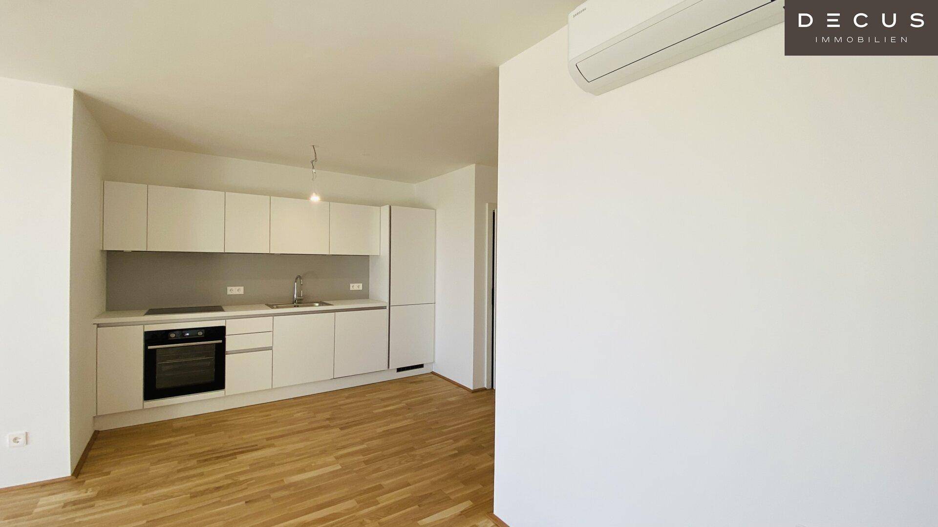 Moderne Einbauküche mit weißen Schränken, integriertem Backofen und Parkettboden.