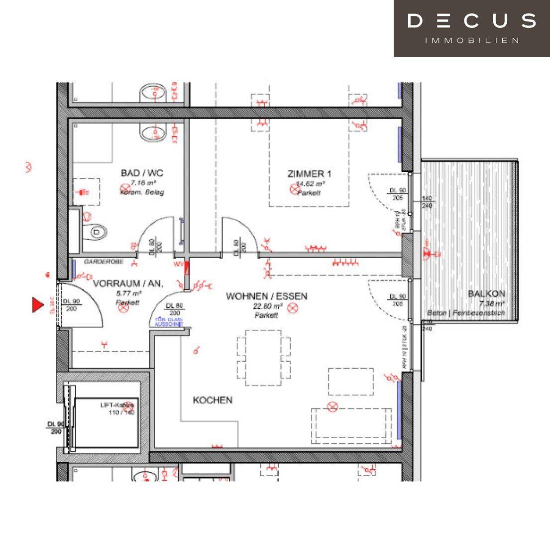 Grundriss einer Wohnung mit einem Schlafzimmer, offenem Wohn-Essbereich und Balkon.