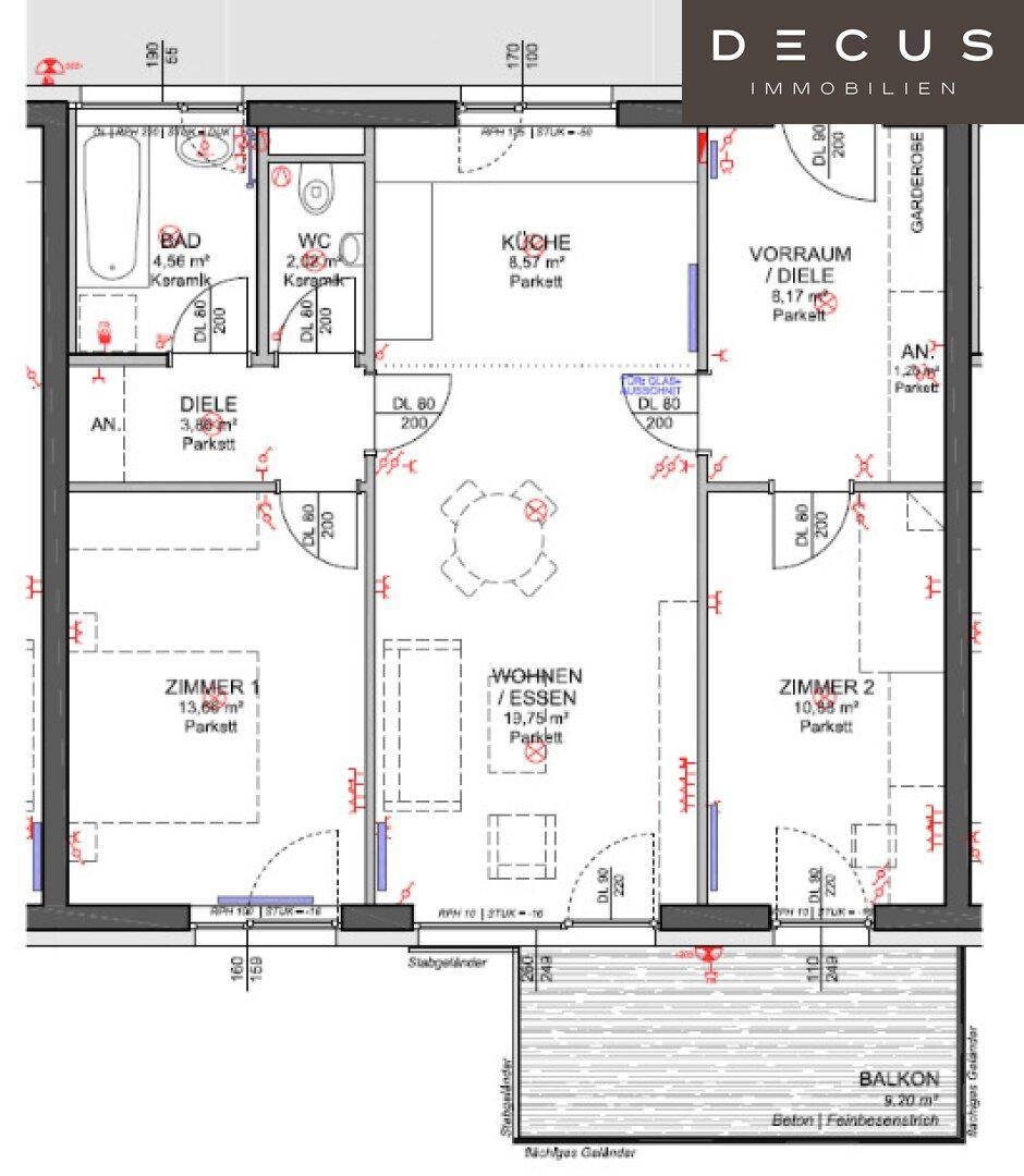 Grundriss einer Wohnung mit zwei Zimmern, offenem Wohn-Essbereich, separater Küche und Balkon.