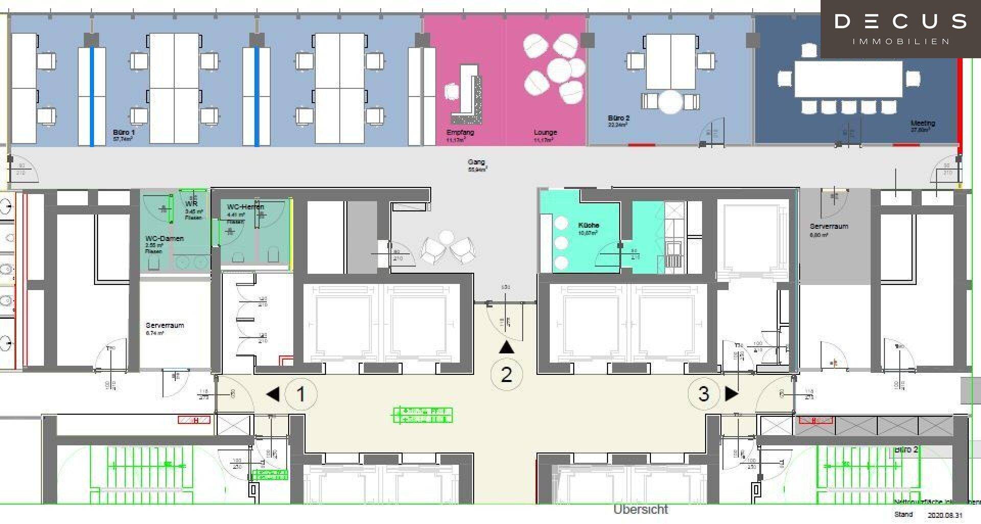 Grundriss einer Büroetage mit offenen Arbeitsbereichen, Besprechungsräumen, Teeküche und Sanitäranlagen.