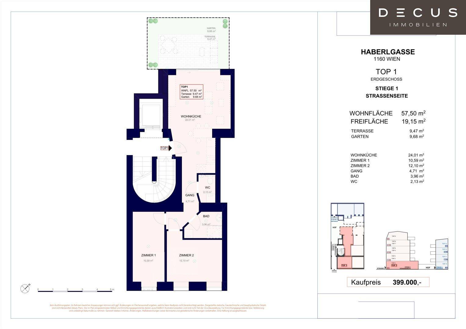 Grundriss einer Erdgeschosswohnung mit offener Wohnküche, zwei Zimmern, Bad, separatem WC, Terrasse und Garten.