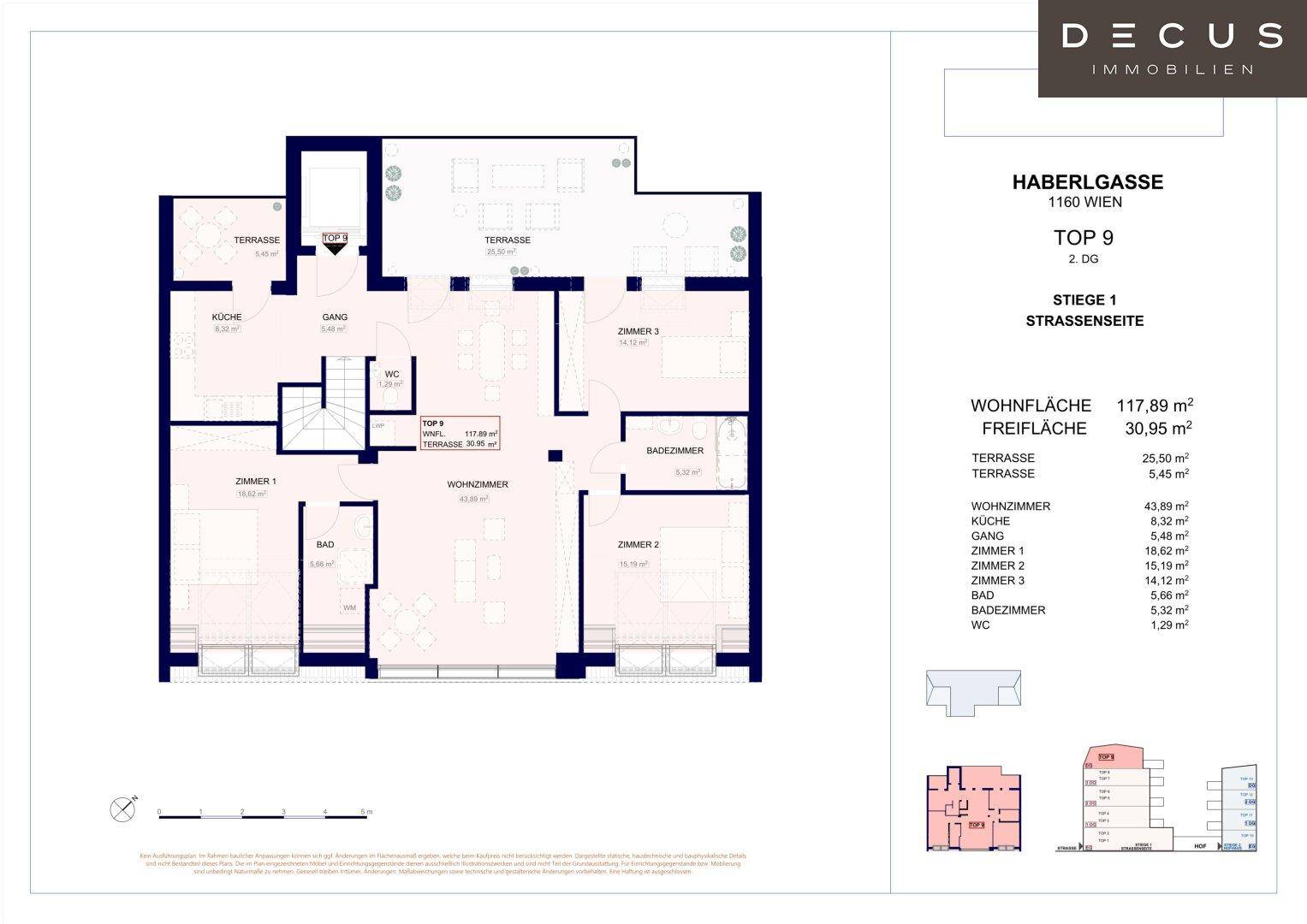 Grundriss einer Wohnung mit drei Schlafzimmern, zwei Bädern, separatem WC und mehreren Terrassen.