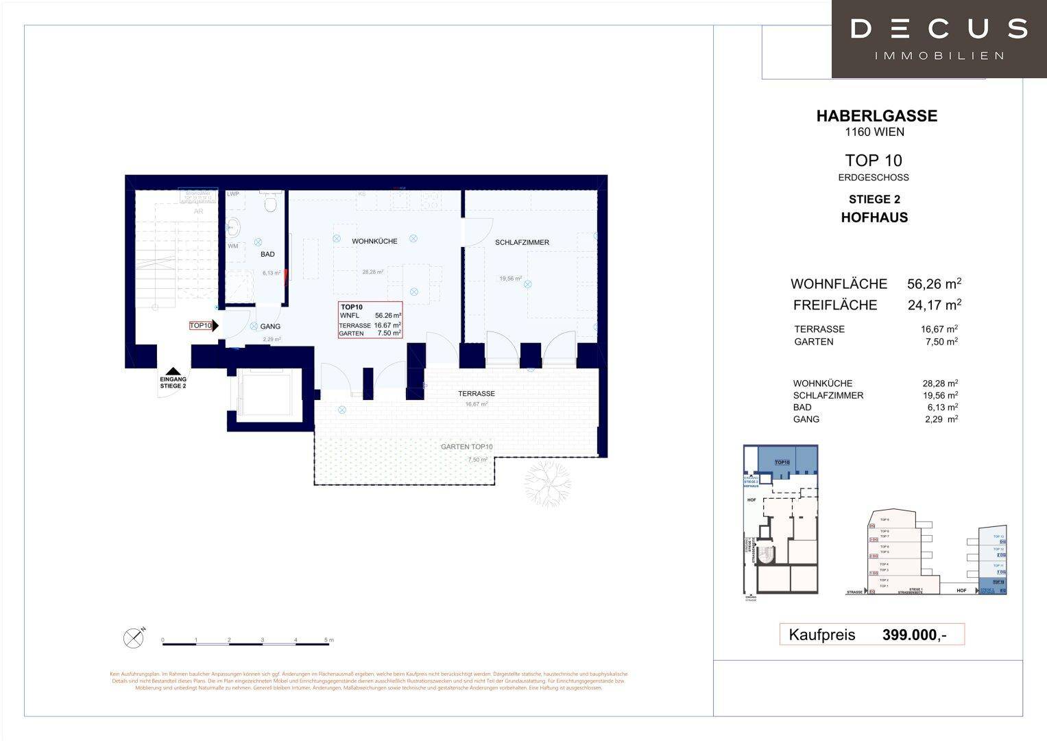Detaillierter Grundriss einer Erdgeschosswohnung mit offenem Wohnbereich, Schlafzimmer, Bad und Zugang zu Terrasse und Garten.