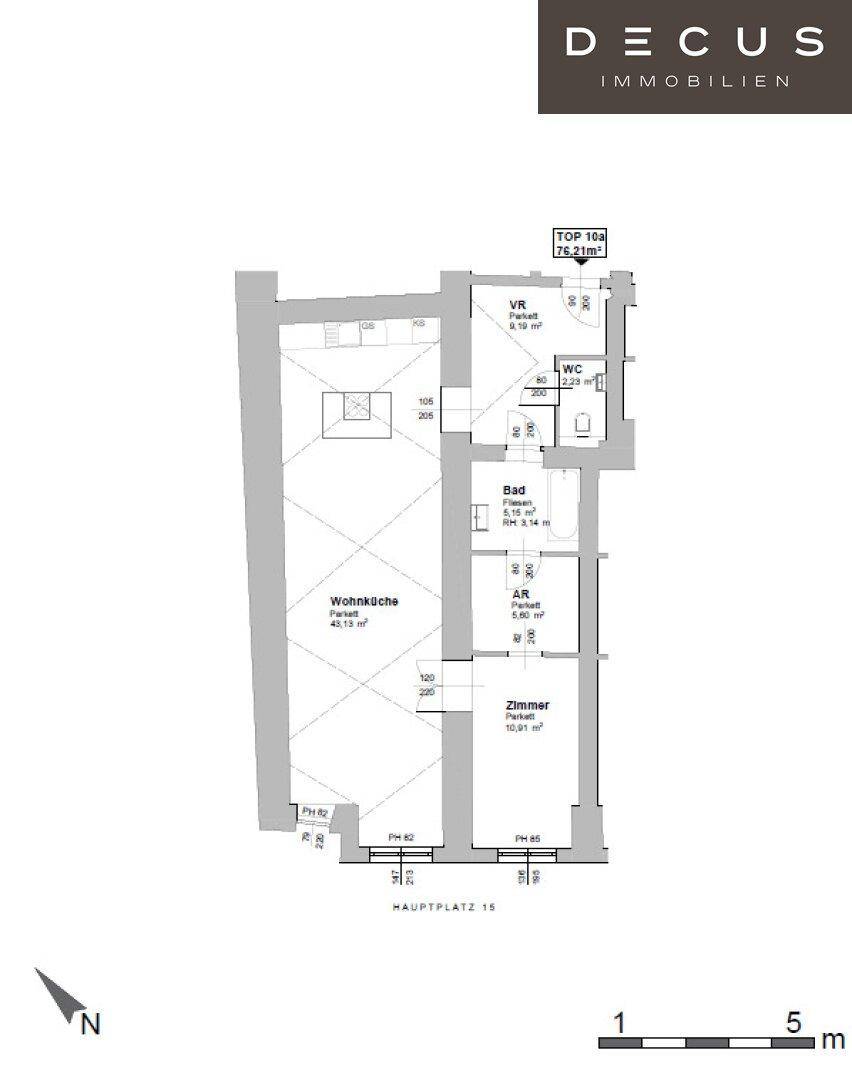 Grundriss der Wohnung TOP 10a mit Wohnküche, Zimmer, Bad und separatem WC.