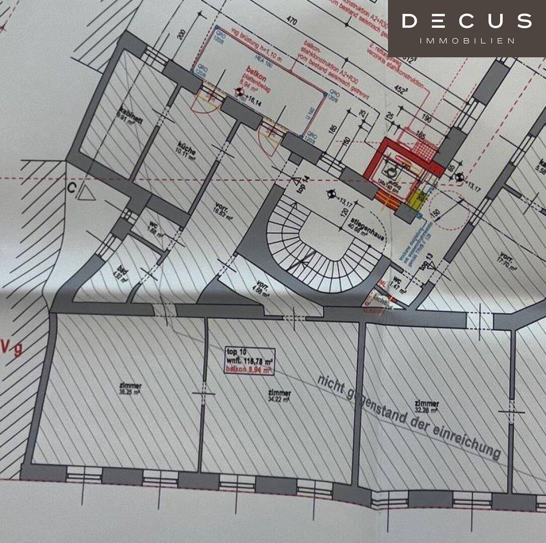 Detaillierter Grundriss der Wohnung mit Zimmeraufteilung, Balkon und Treppenhaus.