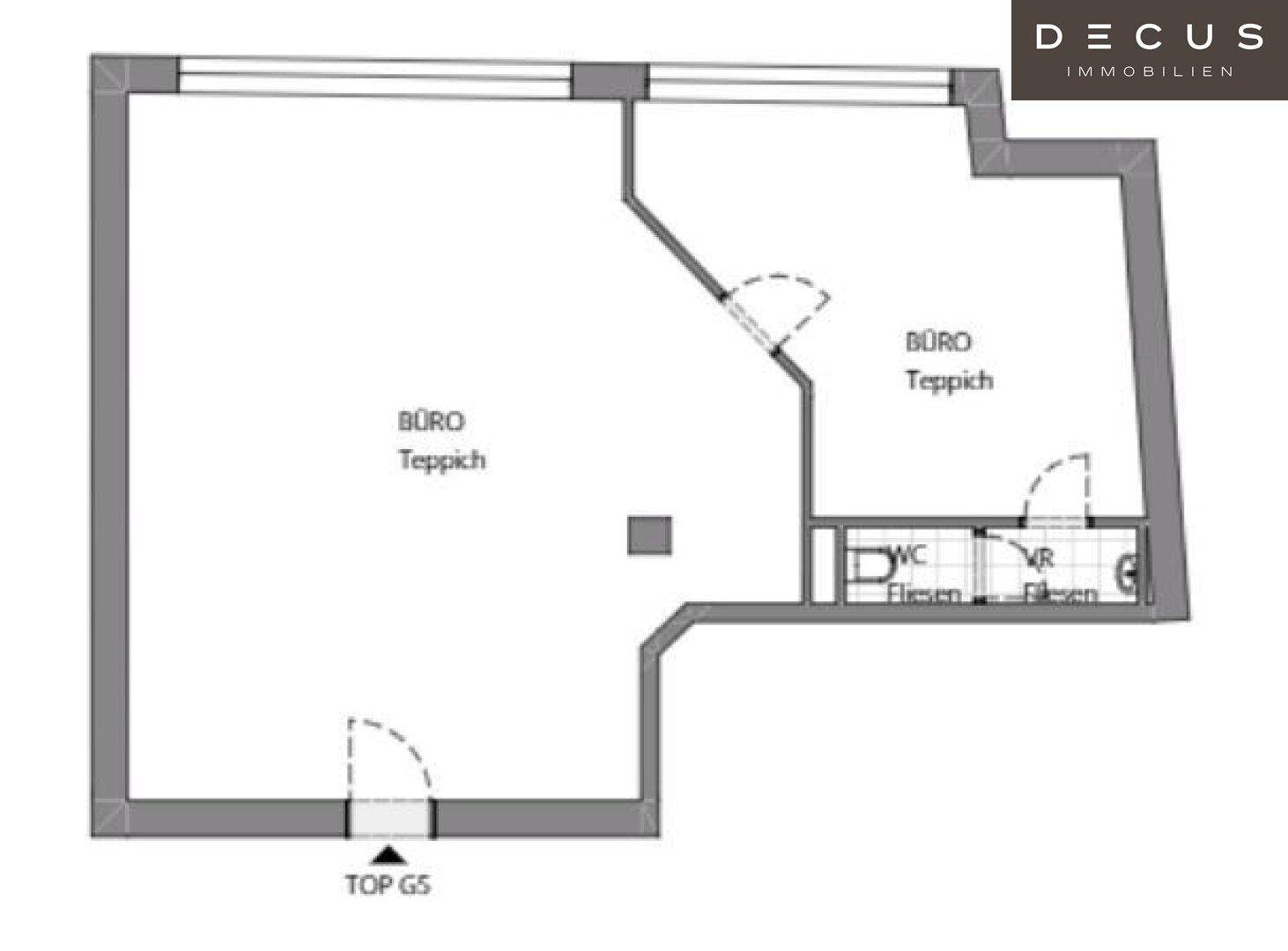 Grundriss eines Bürobereichs mit zwei Räumen, WC und Vorraum, gekennzeichnet mit Teppich- und Fliesenböden.