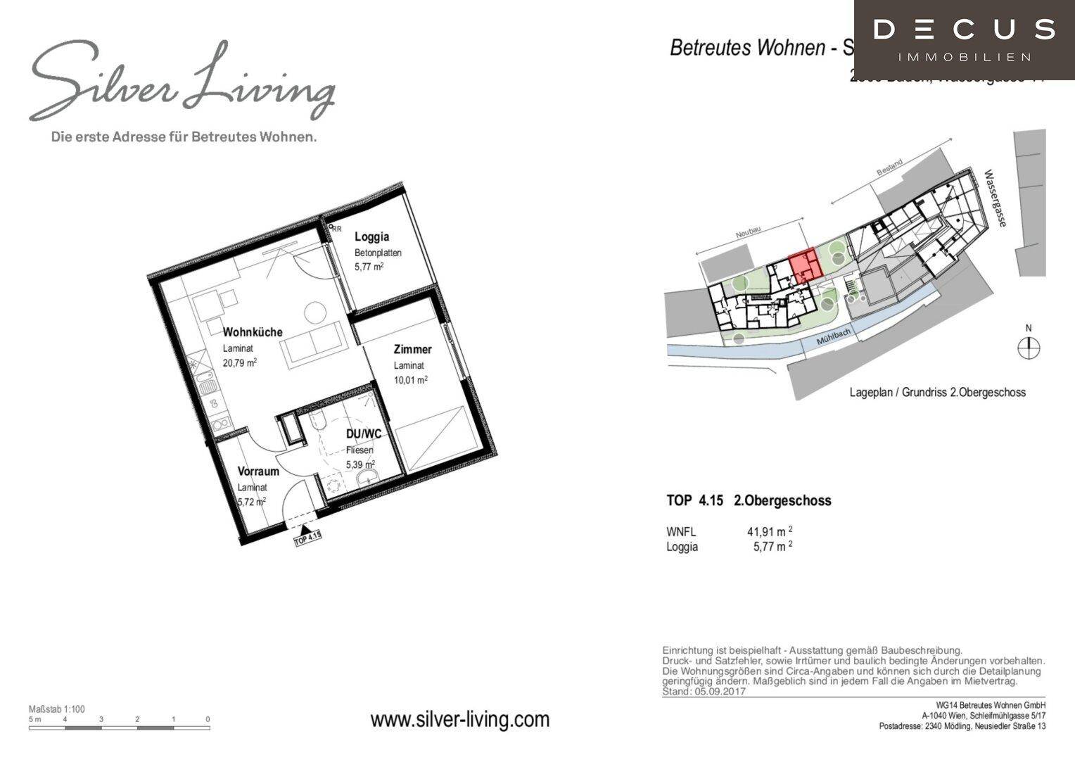 Grundriss einer Wohnung mit Wohnküche, Zimmer, Bad und Loggia, ideal für betreutes Wohnen.