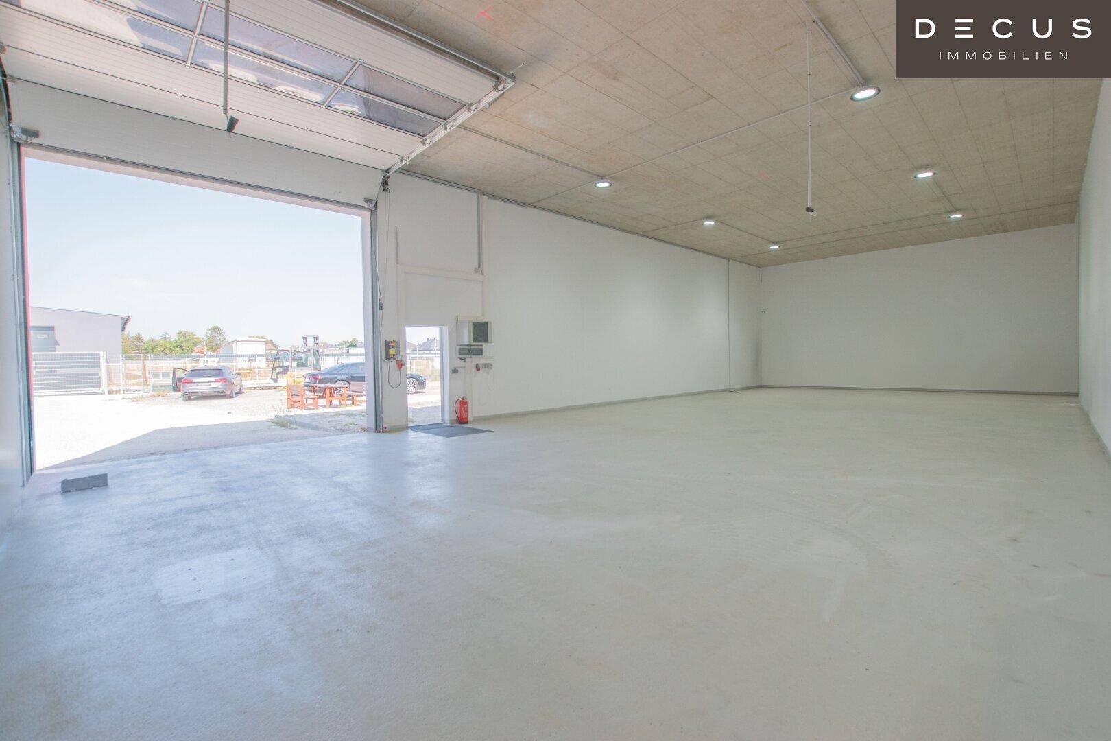 Geräumige Lagerhalle mit Betonboden und offenem Rolltor zum Außenbereich.