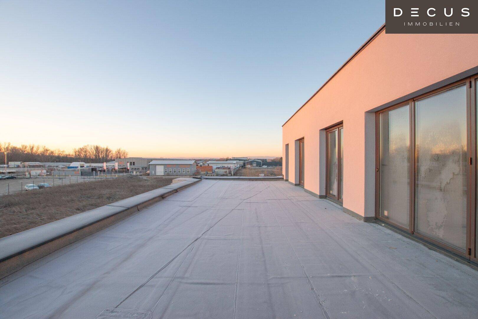 Weitläufige Dachfläche mit Blick auf die umliegenden Gebäude und den Horizont.