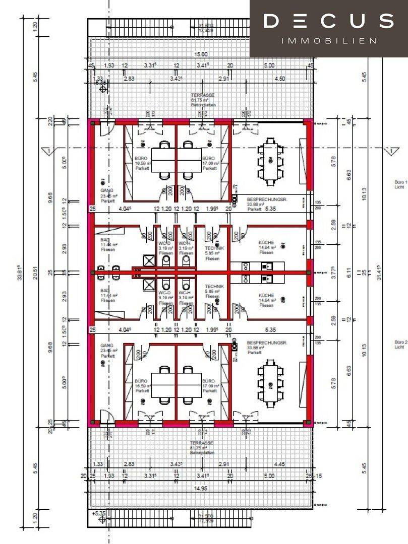 Detaillierter Grundriss mit Büros, Besprechungsräumen und Sanitärbereichen.