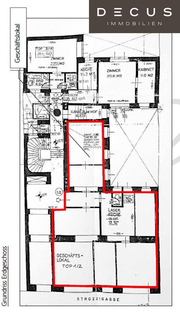 Grundriss des Erdgeschosses mit Geschäftsflächen und Hofzugang.