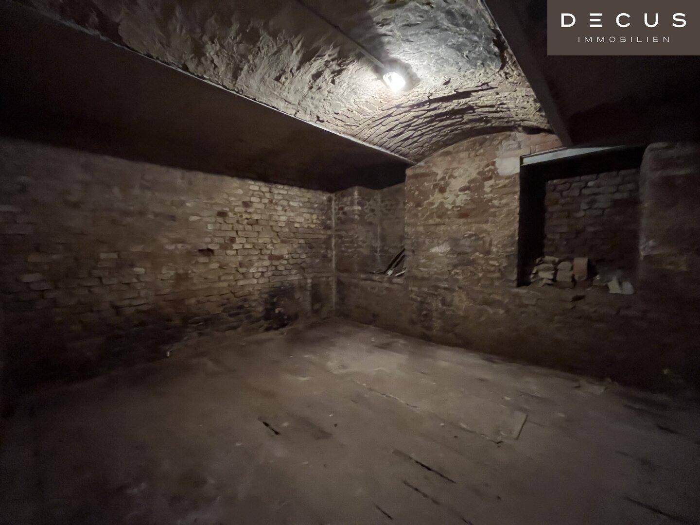 Dunkler Kellerraum mit Ziegelwänden, gewölbter Decke und einfacher Beleuchtung.