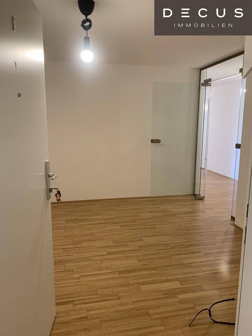 Heller Eingangsbereich mit Parkettboden und einer Glastür, die zu einem weiteren Raum führt.