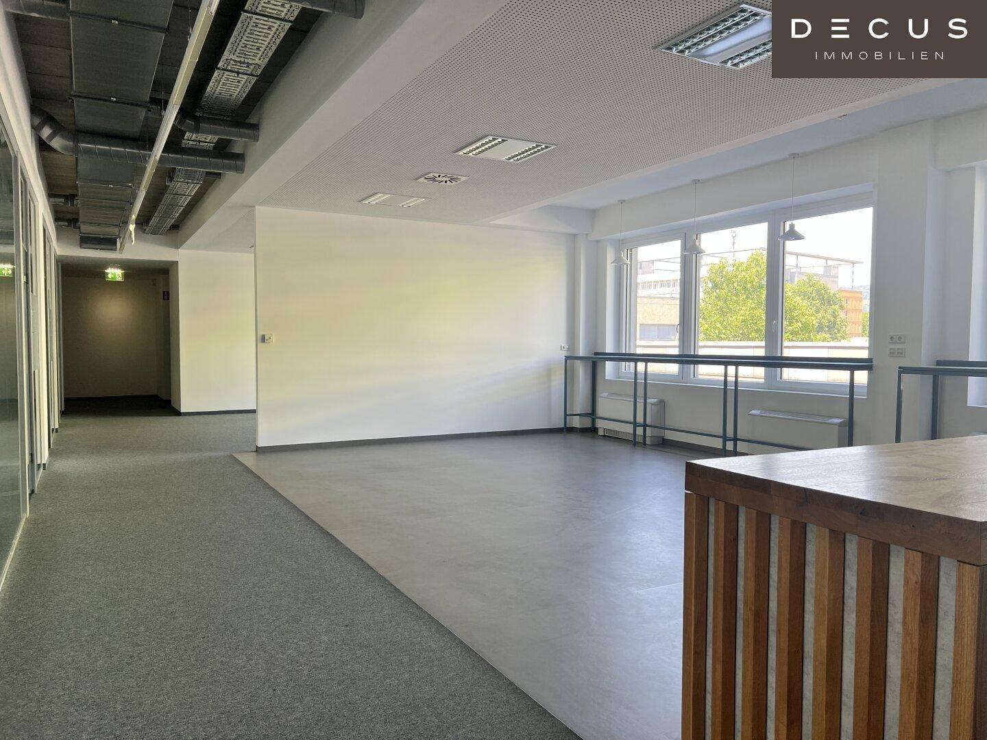 Großer, offener Büroraum mit Teppich- und Betonboden, großen Fenstern und einer Theke.