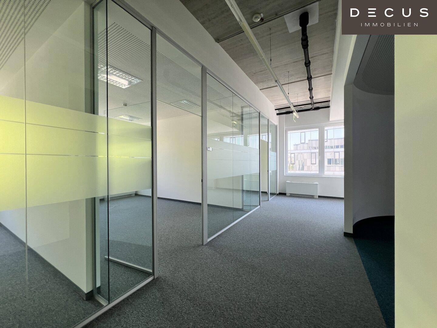 Moderner Bürobereich mit Glaswänden, die separate Arbeitsbereiche schaffen, und Teppichboden.